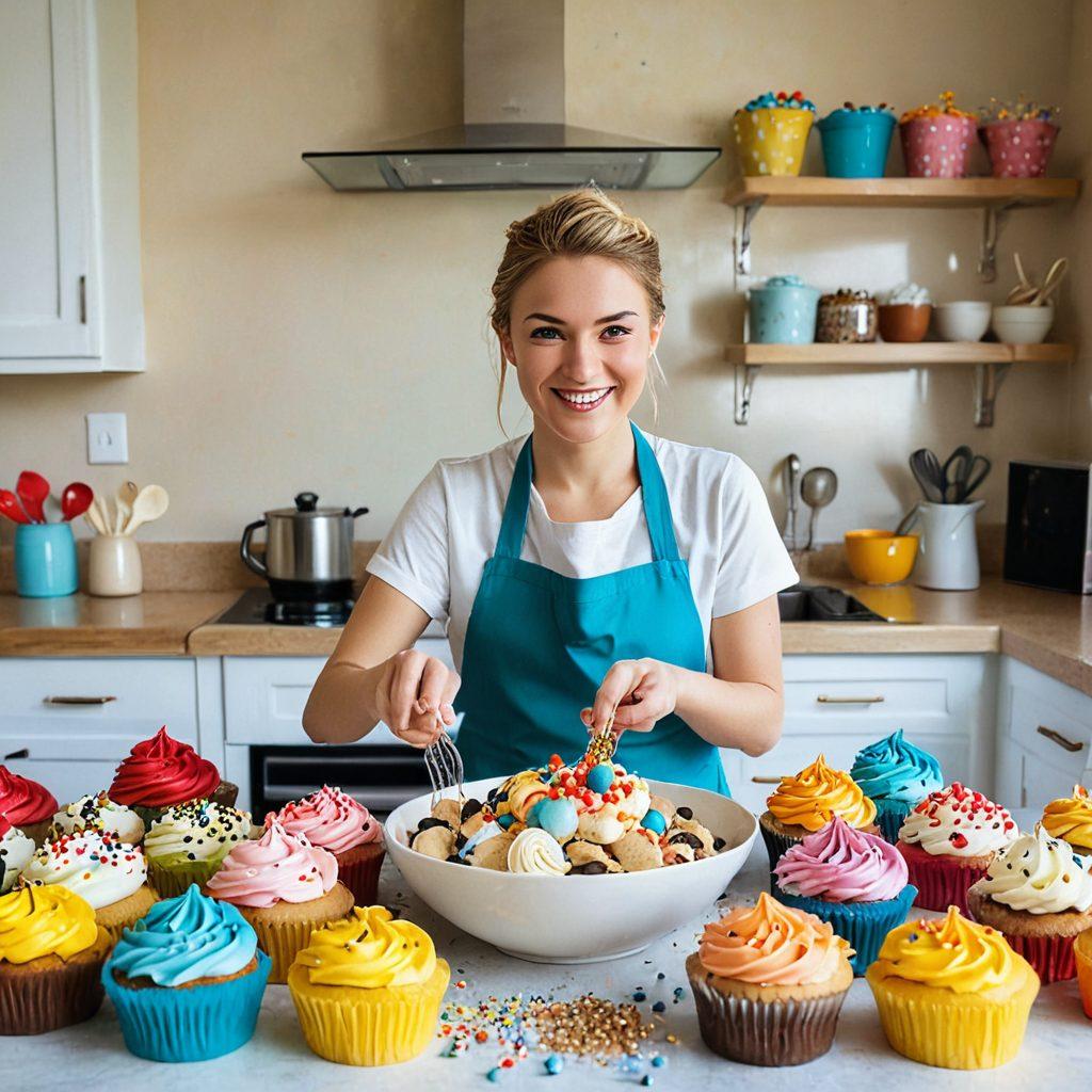 A whimsical kitchen scene filled with colorful ingredients like chocolate chips, sprinkles, and bowls of cookie dough and cake batter. A joyful baker, with flour on their cheeks, is playfully mixing, while a cat curiously watches from the counter. Bright, warm lighting enhances the cheerful atmosphere, making the viewer feel the joy of baking. Include decorative elements like vibrant cupcakes and a whisk. super-realistic. vibrant colors. warm lighting.