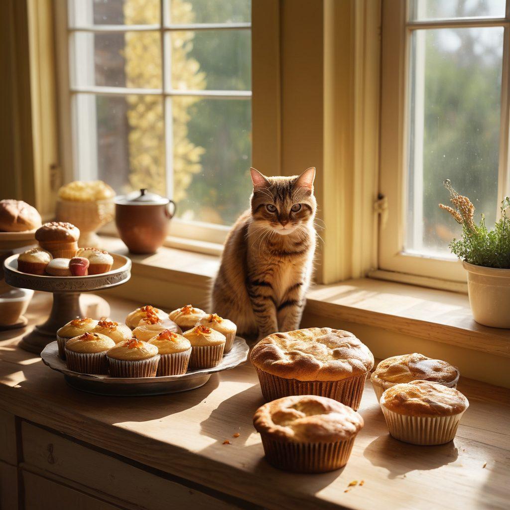 A cozy kitchen scene with a wooden table covered in an array of freshly baked goodies, like fluffy bread, colorful cupcakes, and a pie cooling on the window sill. Soft golden light streams in through a window, illuminating a mixing bowl and flour dust dancing in the air, evoking a sense of warmth and comfort. A playful cat watches curiously from the corner. The atmosphere is inviting and magical, perfect for portraying the joy of home baking. warm tones. super-realistic. vibrant colors.