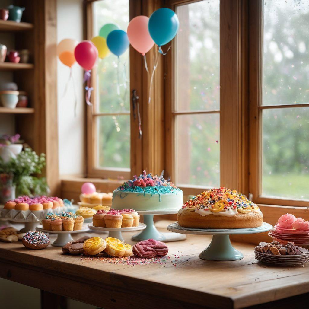 A beautifully arranged baking scene featuring an assortment of colorful pastries, cakes, and cookies with sprinkles and frosting, all set on a rustic wooden table. In the background, a bright window lets in natural sunlight, casting a warm glow over the joyful layout. Incorporate cheerful kitchen tools like whisks and mixing bowls, with a hint of playful decoration, such as balloons or confetti. The overall mood is vibrant, inviting, and filled with happiness. super-realistic. vibrant colors. soft lighting.
